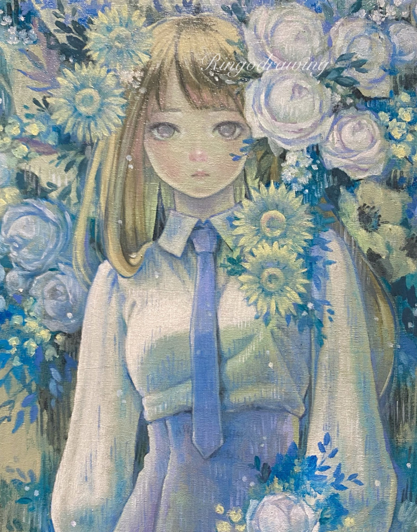 1girl blue_necktie blue_skirt blush collared_shirt commentary_request expressionless flower grey_eyes high-waist_skirt highres light_brown_hair long_hair looking_at_viewer necktie oil_painting_(medium) original painting_(medium) ringodrawing shirt skirt solo traditional_media upper_body white_shirt