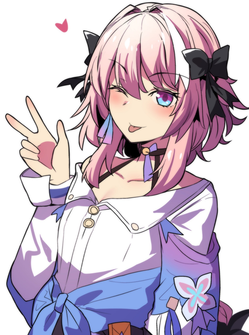 1boy aqua_eyes astolfo_(fate) black_ribbon blush choker collarbone commentary cosplay english_commentary fate/apocrypha fate_(series) hair_ribbon heart highres hinghoi honkai:_star_rail honkai_(series) long_sleeves looking_at_viewer male_focus march_7th_(honkai:_star_rail) march_7th_(honkai:_star_rail)_(cosplay) multicolored_eyes one_eye_closed otoko_no_ko pink_hair purple_eyes ribbon shirt simple_background solo two-tone_eyes upper_body v white_background white_shirt