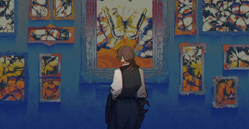1boy arthropod_limbs black_vest blue_pants brown_hair facing_away framed_insect from_behind gregor_(limbus_company) highres limbus_company long_hair long_sleeves low_ponytail male_focus painting_(object) pants picture_frame project_moon shirt solo vest white_shirt yasuihiruya