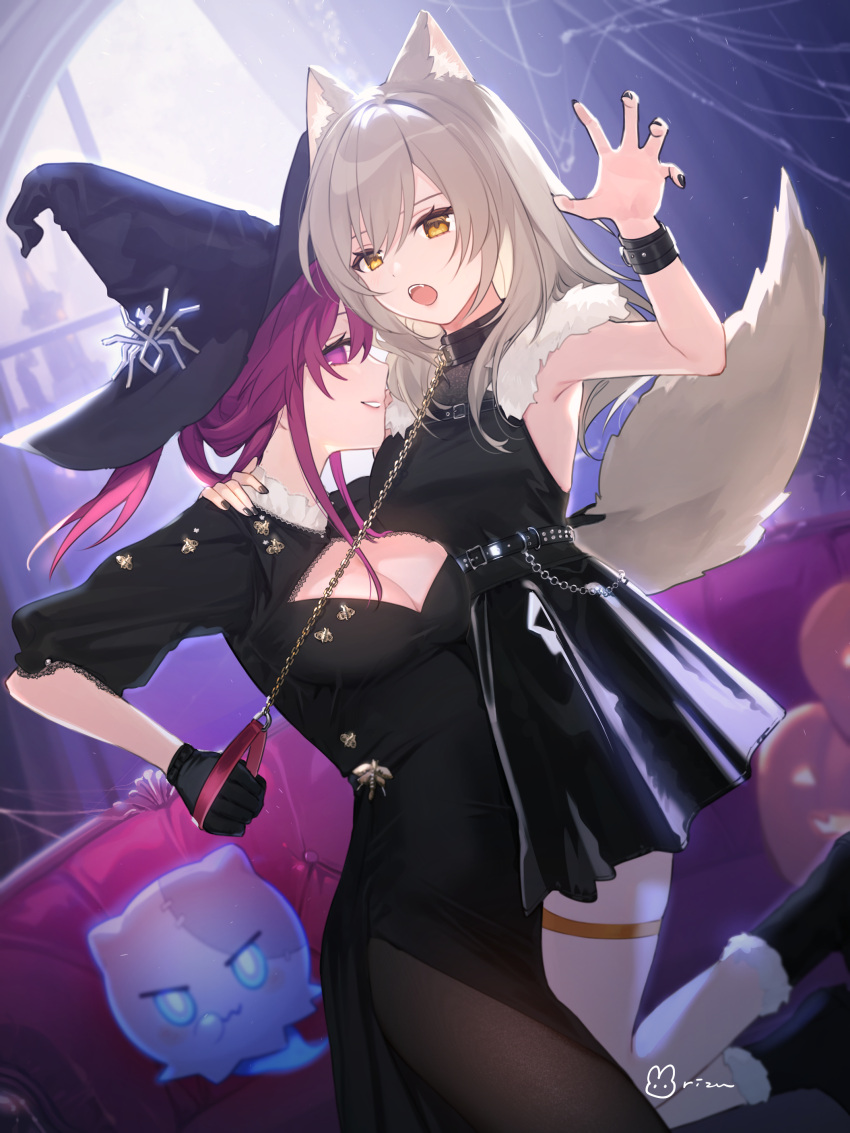 2girls absurdres animal_ears arm_up black_dress black_footwear black_headwear black_nails black_pantyhose black_shirt black_skirt boots breasts claw_pose cleavage cleavage_cutout clothing_cutout dress fangs fur-trimmed_boots fur_trim grey_hair hair_between_eyes hat hat_ornament highres honkai:_star_rail honkai_(series) kafka_(honkai:_star_rail) kemonomimi_mode large_breasts leash leash_pull long_hair long_sleeves looking_at_viewer multiple_girls pantyhose rizu033 shirt skirt sleeveless sleeveless_shirt small_breasts spider_ornament stelle_(honkai:_star_rail) tail teeth trailblazer_(honkai:_star_rail) upper_teeth_only white_pantyhose witch_hat wolf_ears wolf_girl wolf_tail wubbaboo_(honkai:_star_rail) yellow_eyes yuri