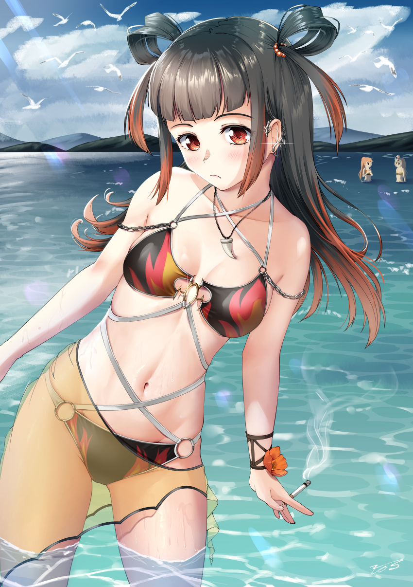 2_ru 3girls absurdres alternate_costume beach bikini blunt_bangs cigarette earrings highres jewelry kirari_hikaru kureha_yuna long_hair magia_record:_mahou_shoujo_madoka_magica_gaiden mahou_shoujo_madoka_magica midriff multi-strapped_bikini multicolored_hair multiple_girls navel necklace o-ring o-ring_bikini ooba_juri swimsuit