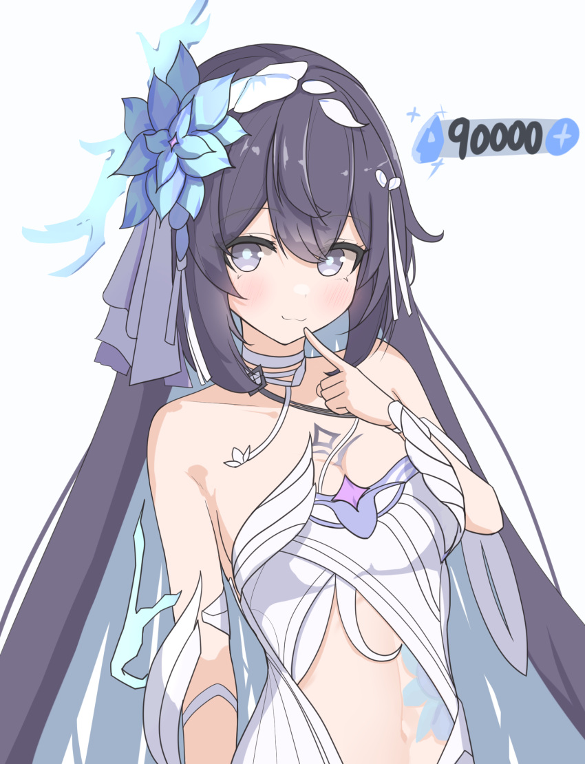 1girl :3 bare_shoulders black_hair blue_pupils blush breasts chest_tattoo closed_mouth clothing_cutout colored_inner_hair finger_to_mouth flower hair_between_eyes hair_flower hair_ornament highres honkai_(series) honkai_impact_3rd kyaong long_hair looking_at_viewer medium_breasts multicolored_hair navel purple_eyes seele_vollerei seele_vollerei_(herrscher_of_rebirth) simple_background solo stomach_cutout tattoo upper_body white_background