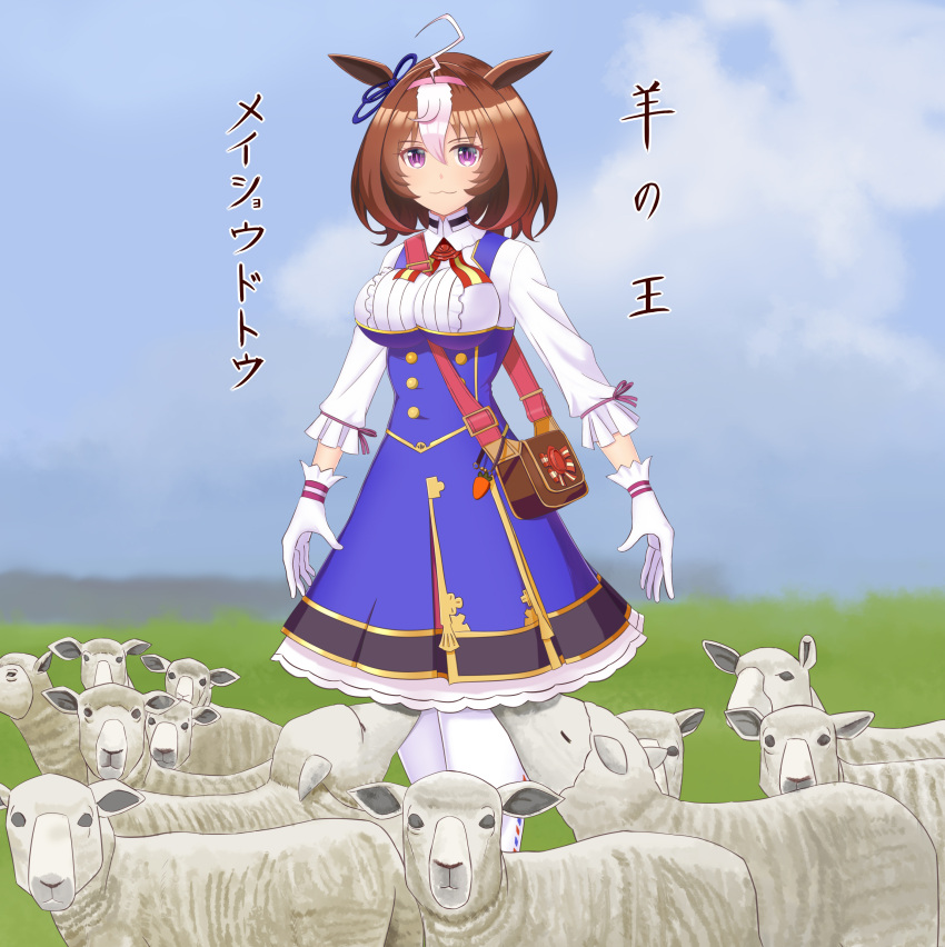 1girl :3 absurdres ahoge animal animal_ears bag between_breasts blue_skirt blue_sky blue_vest breasts brown_hair closed_mouth cloud commentary_request day gloves hair_between_eyes hairband highres horse_ears large_breasts long_sleeves meisho_doto_(umamusume) multicolored_hair outdoors pantyhose pink_hairband pleated_skirt sheep shirt shoulder_bag skirt sky solo strap_between_breasts taka_(takahirokun) translation_request two-tone_hair umamusume vest white_gloves white_hair white_pantyhose white_shirt