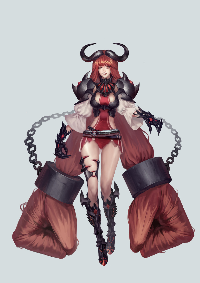 1girl absurdres armor black_footwear black_horns breasts brown_eyes brown_hair chain cuffs dan_v041015 eyeshadow full_body gauntlets hair_weapon handcuffs highres horns lipstick long_hair long_sleeves makeup medium_breasts mole mole_under_eye original shoulder_armor solo standing thigh_strap very_long_hair white_background