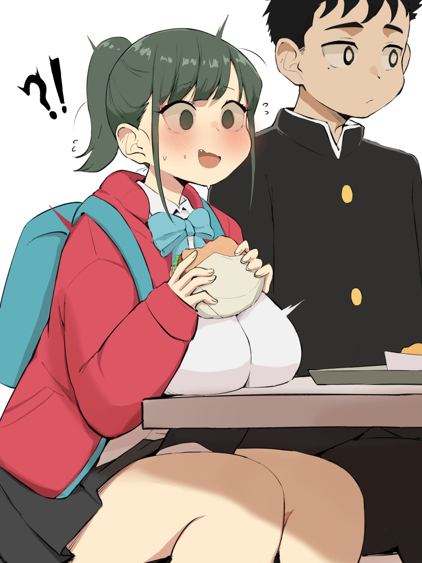 !? 1boy 1girl absurdres backpack bag black_hair black_skirt blue_bow blue_bowtie blush bow bowtie boyfriend_(yoru_mac) breasts burger commentary_request fang food girlfriend_(yoru_mac) green_eyes green_hair highres holding holding_food implied_fingering large_breasts long_sleeves mcdonald's minggoo open_mouth ponytail school_uniform shirt short_hair simple_background sitting skirt thighs white_background white_shirt yoru_mac