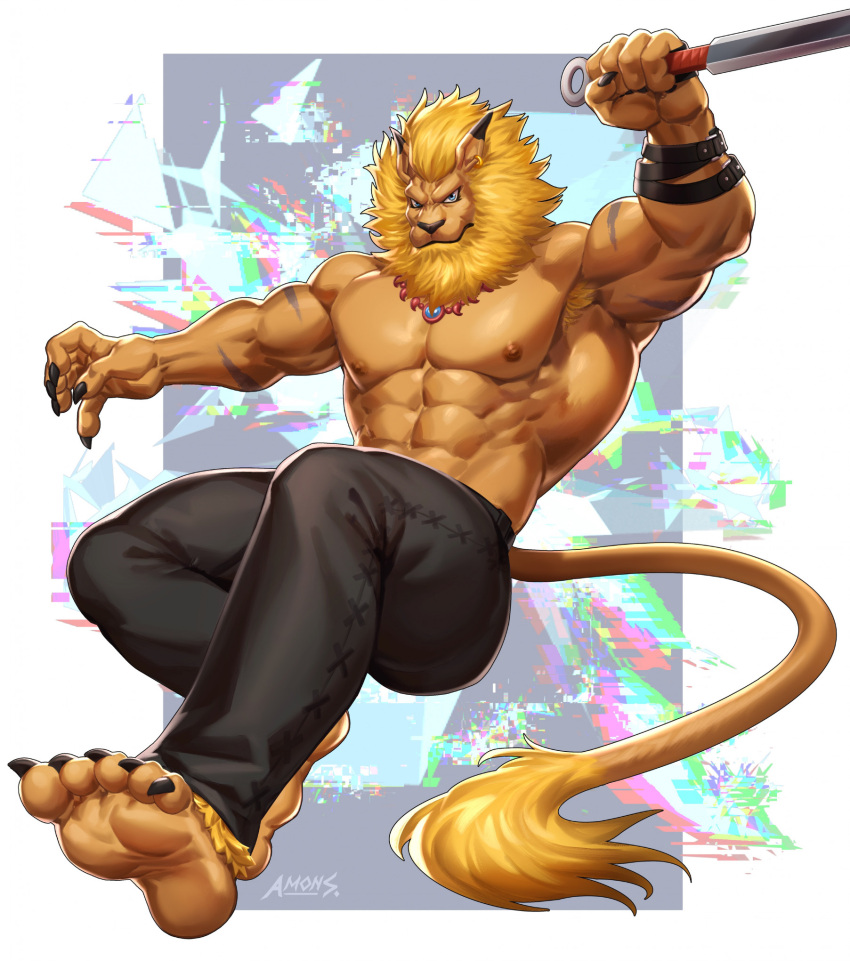 abs amon-sydonai anthro bandai_namco bottomwear claws clothing digimon digimon_(species) felid hi_res leomon lion male mammal mane muscular muscular_anthro muscular_male nipples pantherine pants pecs solo