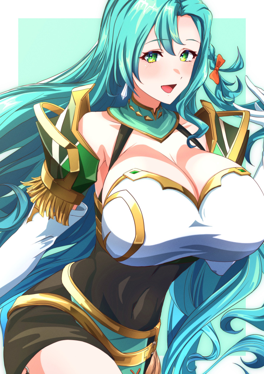 1girl absurdres armor blue_hair breasts chloe_(fire_emblem) cleavage cleavage_cutout clothing_cutout covered_navel detached_sleeves earrings fire_emblem fire_emblem_engage green_eyes hair_ribbon highres jewelry large_breasts long_hair looking_at_viewer open_mouth pegasus_knight_uniform_(fire_emblem) ribbon shoulder_armor smile solo to_(tototo_tk) very_long_hair