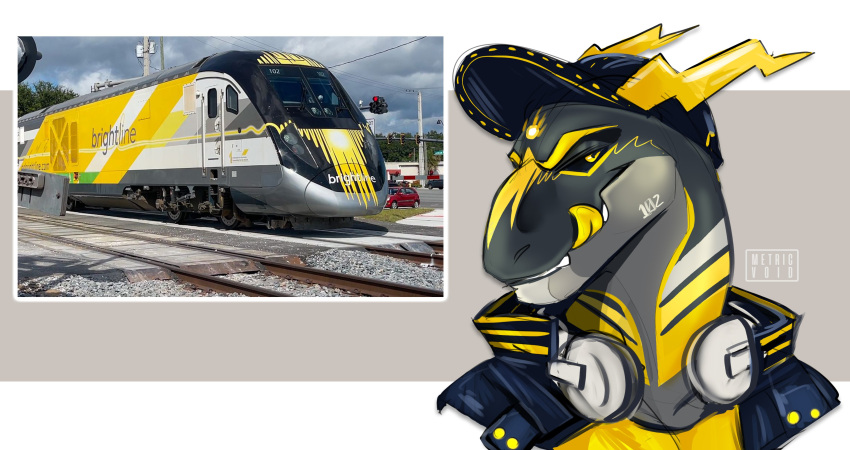 absurd_res anthro black_sclera brightline clothing dragon electricity grey_background grey_body grin hat headgear headphones headphones_around_neck headwear hi_res horn how_to_dragon_your_train hybrid jacket licking licking_lips living_machine living_train living_vehicle locomorph locomotive machine male markings metricvoid siemens_ag siemens_charger simple_background smile solo teeth tongue tongue_out topwear train vehicle yellow_eyes yellow_markings yellow_tongue