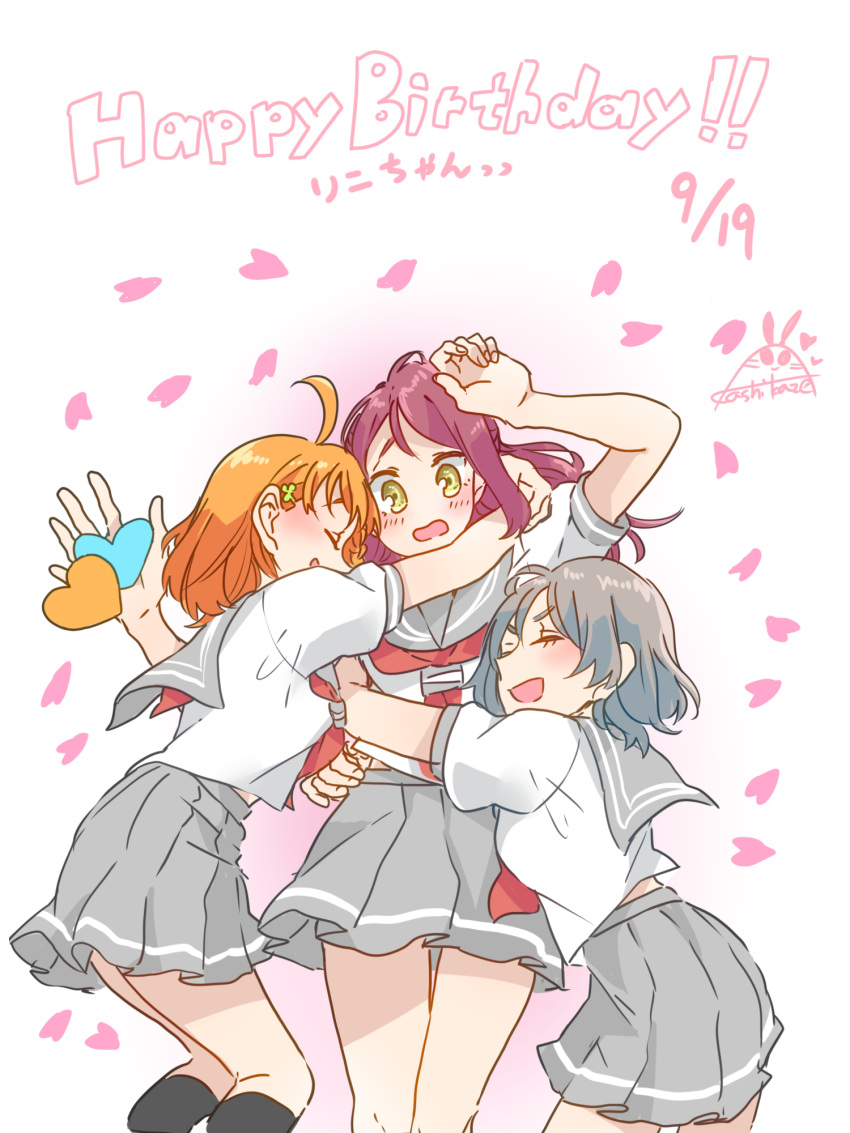 3girls ahoge black_socks blush closed_eyes clover_hair_ornament commentary_request cowboy_shot dated falling_petals girl_sandwich grey_hair grey_sailor_collar grey_skirt hair_ornament half_updo happy_birthday highres hug kashikaze kneehighs long_hair love_live! love_live!_sunshine!! medium_hair midriff_peek multiple_girls neckerchief open_mouth orange_hair petals pleated_skirt puffy_short_sleeves puffy_sleeves red_hair red_neckerchief sailor_collar sakurauchi_riko sandwiched school_uniform serafuku shirt short_hair short_sleeves signature single_sidelock skirt smile socks takami_chika translated uranohoshi_school_uniform watanabe_you white_shirt yellow_eyes yuri