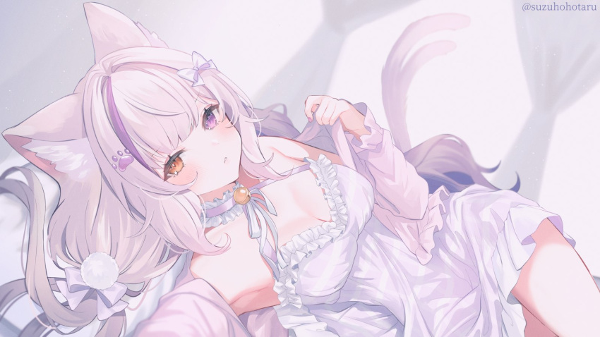 1girl animal_ears breasts cat_ears cat_girl cat_tail cleavage commission dress halter_dress halterneck heterochromia highres indie_virtual_youtuber long_hair long_sleeves looking_at_viewer medium_breasts multicolored_hair multiple_tails nemuri_nek0 orange_eyes purple_eyes purple_hair skeb_commission sleeveless sleeveless_dress suzuho_hotaru tail two-tone_hair two_tails virtual_youtuber white_dress white_hair