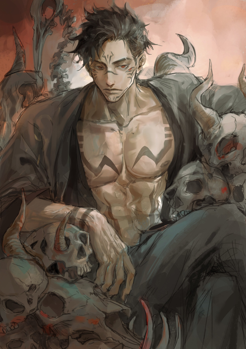 1boy abs absurdres animal_skull arm_tattoo black_hair black_nails blood chest_tattoo closed_mouth crossed_legs english_commentary expressionless extra_eyes facial_tattoo fushiguro_megumi highres jujutsu_kaisen long_sleeves male_focus muscular muscular_male nipples open_clothes pectorals red_eyes ryoumen_sukuna_(jujutsu_kaisen) short_hair sitting stomach_tattoo tattoo woshihedawei