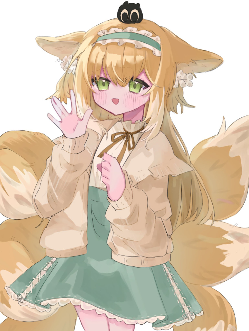 1girl \||/ animal_ears aqua_hairband aqua_skirt arknights black_cat blonde_hair blush brown_cardigan cardigan cat colored_tips cowboy_shot creature creature_on_head cross-laced_clothes cross-laced_skirt cross-laced_slit crossover fox_ears fox_girl fox_tail frilled_hairband frills green_eyes hairband hands_up heixiu high-waist_skirt highres kitsune kyuubi long_sleeves luo_xiaohei_zhanji multicolored_hair multiple_tails neck_ribbon nekozushi97 official_alternate_costume on_head open_cardigan open_clothes open_mouth puffy_long_sleeves puffy_sleeves red_ribbon ribbon shirt simple_background skirt solo suzuran_(arknights) suzuran_(spring_praise)_(arknights) tail two-tone_hair white_background white_hair white_shirt