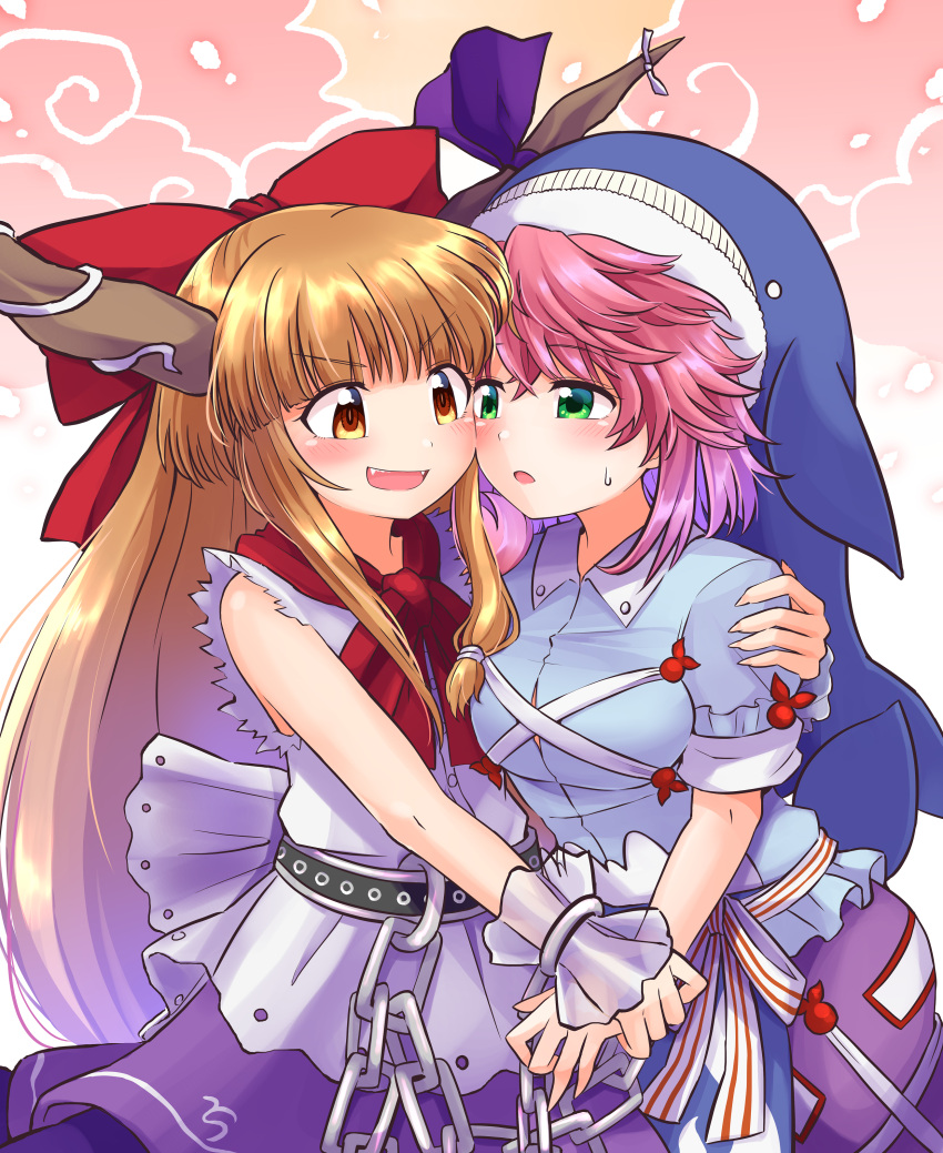 2girls absurdres blush breasts chain cuffs elaphe_guttata6 fingernails highres horns hug ibuki_suika long_hair multiple_girls okunoda_miyoi oni open_mouth orange_hair pink_hair shackles sharp_fingernails sharp_teeth teeth touhou whale_hat yuri