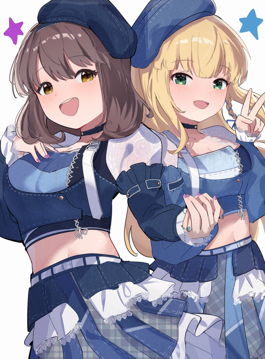 2girls :d absurdres beret black_choker blonde_hair blue_headwear blue_skirt blunt_bangs blush breasts brown_hair choker cleavage cowboy_shot crop_top denim denim_headwear denim_skirt dot_nose dutch_angle green_eyes green_nails hair_between_eyes hand_on_own_chest hat highres holding_hands ichinose_rei idol idol_clothes idoly_pride large_breasts long_bangs long_hair looking_at_viewer midriff multiple_girls nail_polish navel ooho0216 open_mouth plaid plaid_skirt purple_nails saeki_haruko_(idoly_pride) side-by-side simple_background skirt smile star_(symbol) straight_hair white_background yellow_eyes