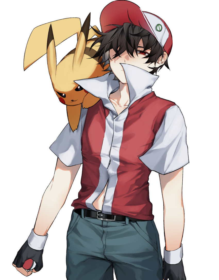 1boy belt black_belt black_gloves closed_mouth collarbone commentary cowboy_shot expressionless fingerless_gloves gloves hair_over_one_eye half-closed_eyes hat highres jacket kohianji looking_at_viewer male_focus on_shoulder pants pikachu pokemon pokemon_(creature) pokemon_(game) pokemon_on_shoulder pokemon_rgby popped_collar red_(pokemon) red_eyes red_headwear short_hair short_sleeves simple_background white_background