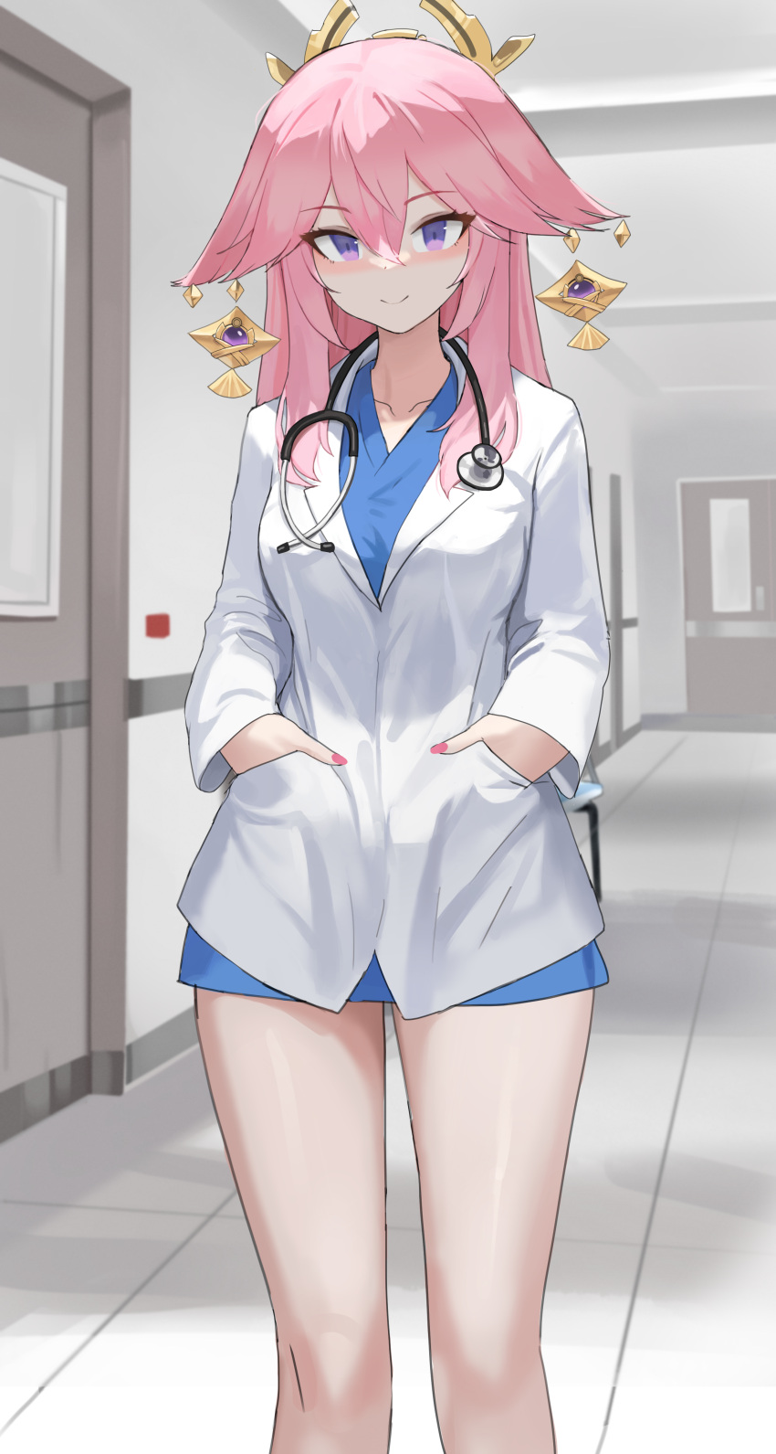 1girl absurdres blue_dress closed_mouth doctor dolri dress floppy_ears fox_girl genshin_impact hair_ornament hands_in_pockets highres hospital indoors lab_coat long_hair looking_at_viewer pink_hair pink_nails purple_eyes smile solo standing stethoscope yae_miko