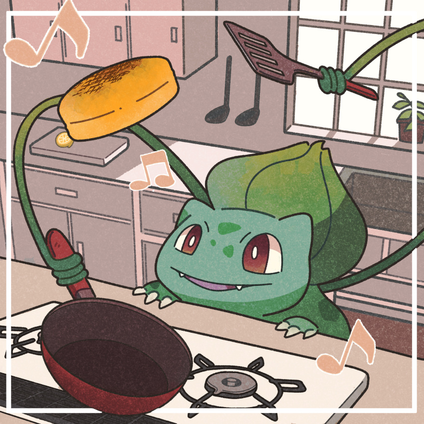 animal_focus bright_pupils brown_eyes bulbasaur claws cooking cutting_board fangs food frying_pan highres holding holding_frying_pan holding_spatula kitchen musical_note no_humans noto_(user_dajk3722) open_mouth pancake plant pokemon pokemon_(creature) potted_plant sink spatula stove vines white_pupils window