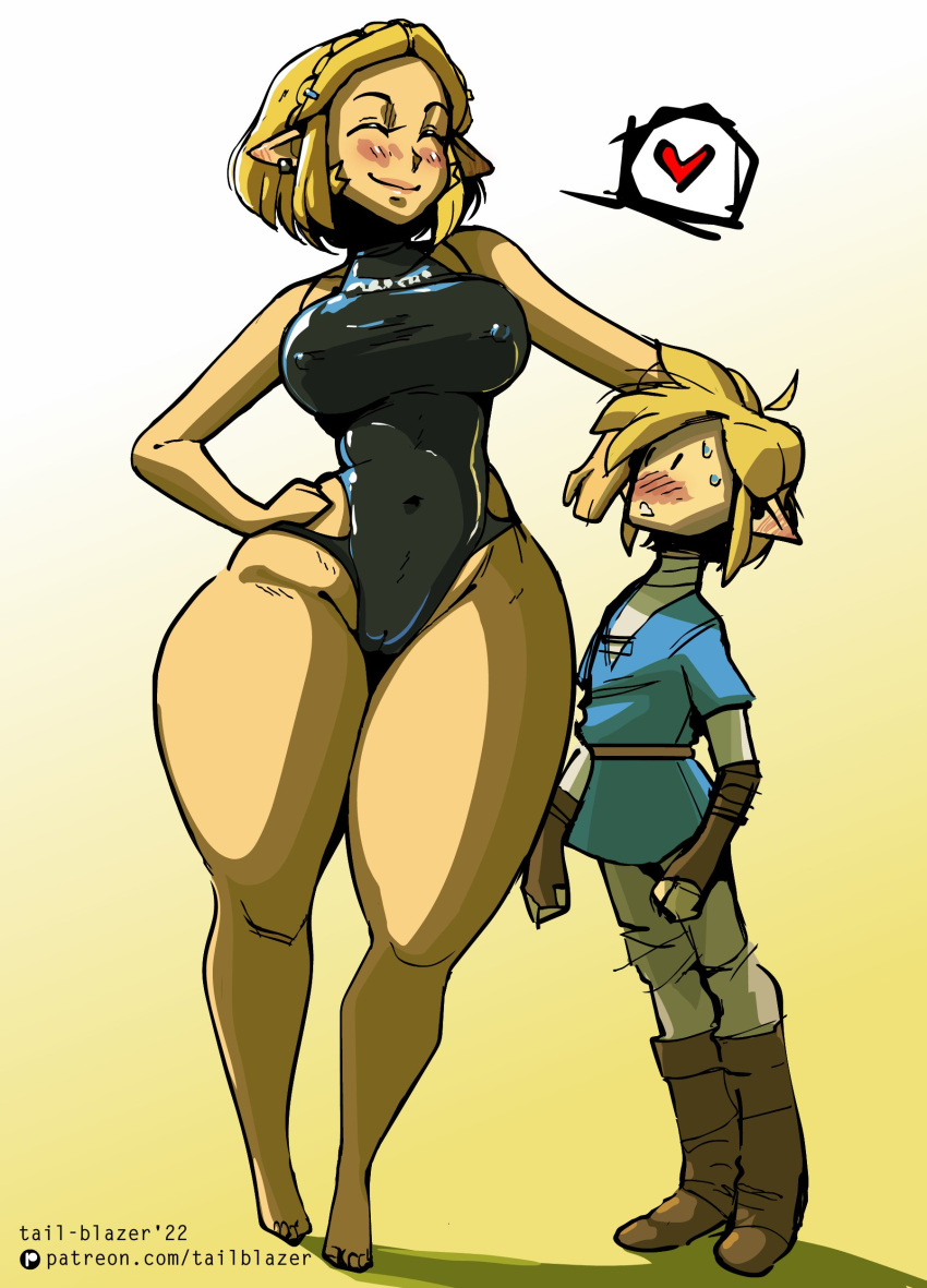 absurd_res big_breasts blonde_hair blush bottom_heavy breasts camel_toe clothed clothing duo elf female fully_clothed hair hi_res huge_hips huge_thighs humanoid humanoid_pointy_ears hylian larger_female link male male/female nintendo nipples one-piece_swimsuit princess_zelda size_difference smaller_male swimwear tail-blazer the_legend_of_zelda thick_thighs tight_clothing wide_hips