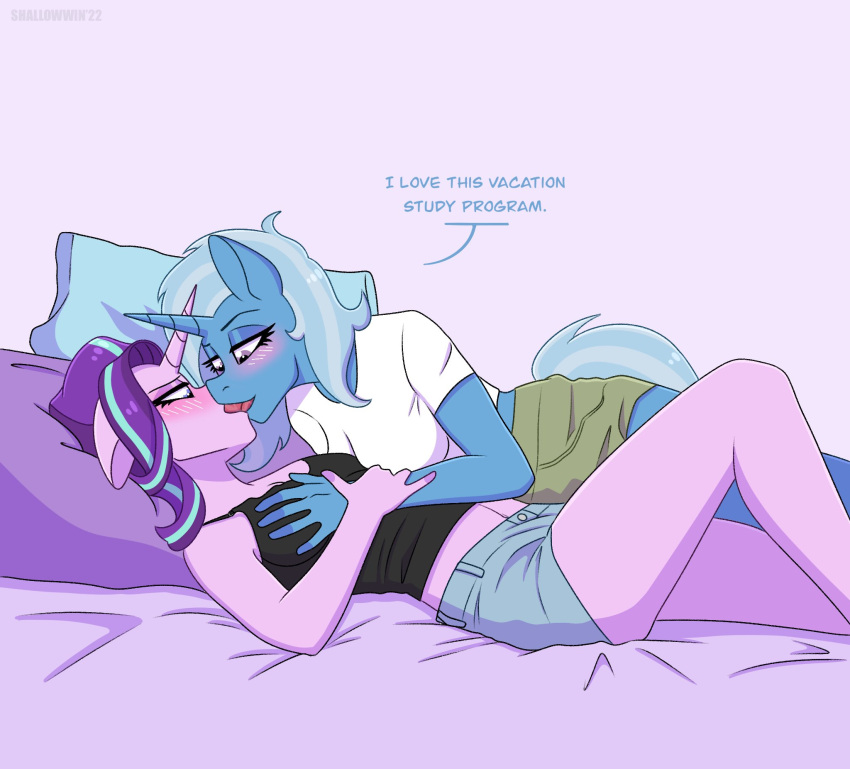 anthro anthrofied bed blue_body blue_fur blush clothing equid equine female female/female friendship_is_magic fur furniture hasbro hi_res horn kissing mammal my_little_pony on_bed pink_body pink_fur shallowwin simple_background starlight_glimmer_(mlp) trixie_(mlp) unicorn white_background