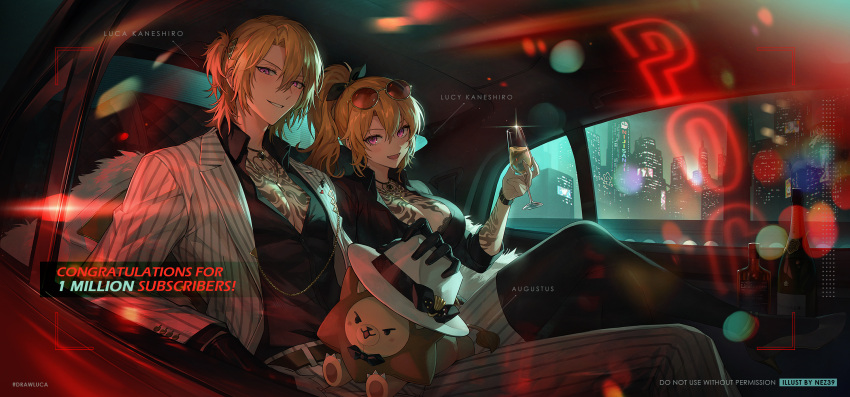 1boy 1girl :d alcohol artist_name augustus_(luca_kaneshiro) black_gloves black_ribbon black_thighhighs blonde_hair blush bra bra_peek breast_tattoo breasts building car_interior champagne champagne_flute character_name chest_tattoo city cleavage collared_shirt crossed_legs cup dress_shirt drinking_glass english_commentary eyewear_on_head fedora formal gloves hair_between_eyes hair_ornament hair_ribbon hairclip hand_up hat hat_removed headwear_removed high_ponytail highres holding holding_clothes holding_cup holding_hat jacket jewelry lapels large_breasts lens_flare long_hair long_sleeves looking_at_viewer luca_kaneshiro lucy_kaneshiro medium_hair milestone_celebration necklace nez39 night nijisanji nijisanji_en open_clothes open_jacket open_mouth open_shirt pants parted_bangs parted_lips pinstripe_pants pinstripe_pattern pinstripe_suit ponytail purple_eyes red-tinted_eyewear ribbon shirt short_sidetail sidelocks skyscraper sleeves_rolled_up smile striped striped_jacket striped_pants suit sunglasses tattoo thighhighs tinted_eyewear underwear v-shaped_eyebrows watch watermark white_headwear white_jacket white_pants white_shirt wing_collar wristwatch