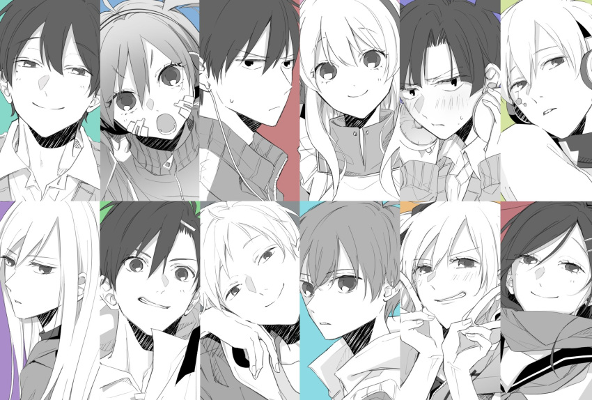 6+boys 6+girls :o adjusting_headphones amamiya_hibiya apron aqua_background arrow_(symbol) arrow_print bangs_pinned_back cardigan closed_mouth collage collared_dress collared_shirt curtained_hair double-parted_bangs double_v dress ene_(kagerou_project) enomoto_takane facial_mark frilled_apron frills frown green_background grey_background greyscale_with_colored_background grin hair_between_eyes hair_ornament hairclip hand_on_own_face head_tilt headphones highres jacket kagerou_project kano_shuuya kido_tsubomi kisaragi_momo kisaragi_shintarou kokonose_haruka konoha_(kagerou_project) kozakura_marry long_sleeves looking_at_viewer looking_to_the_side lower_teeth_only multicolored_background multiple_boys multiple_girls neck_warmer neckerchief open_clothes open_collar open_jacket open_mouth orange_background parted_lips portrait purple_background red_background sailor_collar saitou_shiori_(pixiv14549321) scarf school_uniform serafuku serious seto_kousuke shirt sleeveless sleeveless_jacket smile smug sweat tareme tateyama_ayano teeth track_jacket twintails v zipper zipper_pull_tab