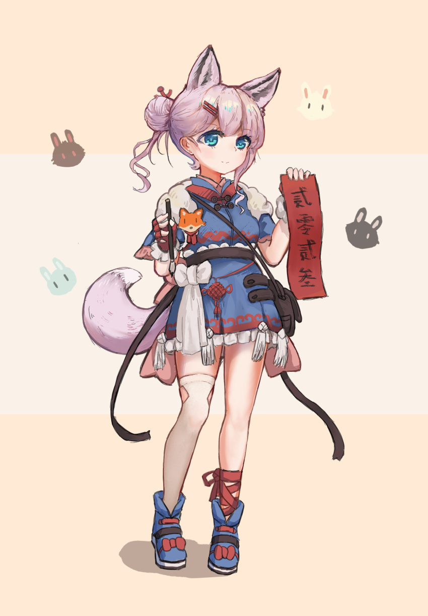 1girl absurdres alternate_costume alternate_hairstyle animal_ears arknights bag blue_eyes boots bow chinese_knot daoshi_niang_lan_er dress extra_ears fox fox_ears fox_girl fox_tail frilled_dress frills fur_trim grey_hair hair_bun hair_ornament handbag highres leg_ribbon new_year rabbit red_ribbon ribbon single_bare_leg skirt solo sussurro_(arknights) tail tassel thighhighs white_bow white_thighhighs