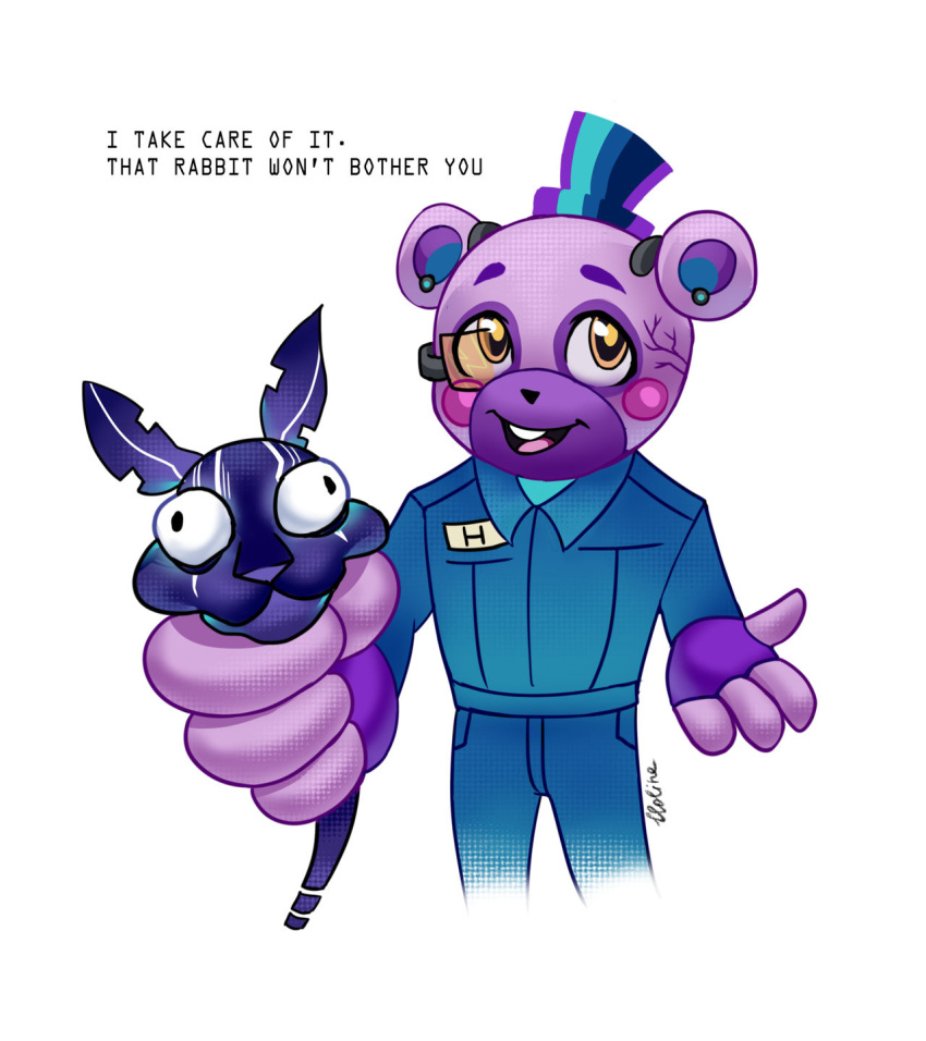 anthro bear blue_clothing clothing corrupted digital_creature digital_media_(artwork) duo english_text fingerless_gloves five_nights_at_freddy's five_nights_at_freddy's:_security_breach five_nights_at_freddy's:_security_breach_ruin gloves half-length_portrait handwear hat headgear headwear helpi_(fnaf) hi_res lagomorph leporid lloline male mammal portrait rabbit scottgames simple_background squeezing steel_wool_studios text top_hat watermark white_background yellow_eyes