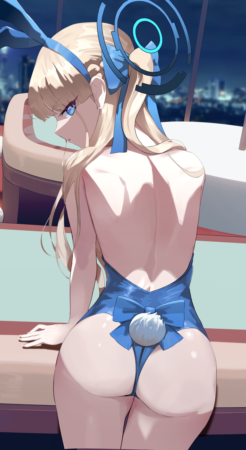 1girl absurdres animal_ears ass bare_back bare_shoulders blonde_hair blue_archive blue_eyes blue_leotard breasts fake_animal_ears fake_tail from_behind highres leotard long_hair looking_at_viewer looking_back medium_breasts official_alternate_costume playboy_bunny rabbit_ears rabbit_tail revision ryeon_(bluetom1) sideboob solo tail toki_(blue_archive) toki_(bunny)_(blue_archive)