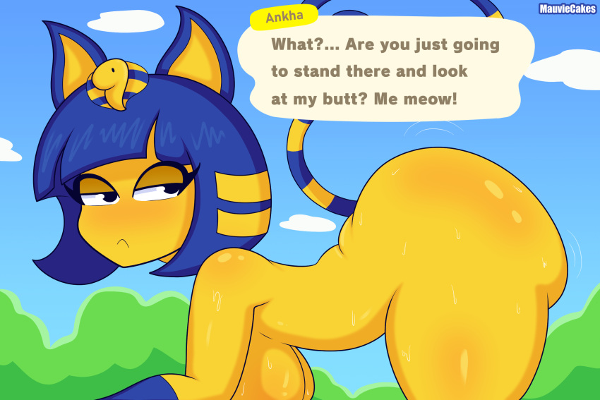 all_fours animal_crossing ankha_(animal_crossing) anthro big_breasts big_butt blue_hair breasts butt cat_tail felid feline hair hi_res huge_breasts huge_butt looking_back male mammal mauviecakes nintendo short_stack solo teasing