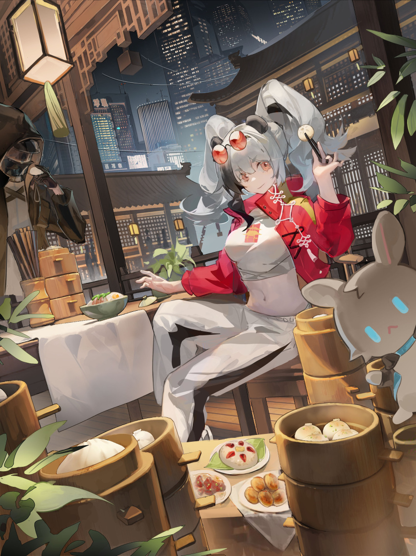 1girl 1other absurdres ambiguous_gender animal_ears antennae architecture arknights bamboo_steamer baozi black_coat black_gloves black_hair building chair chinese_commentary chopsticks city coat commentary_request crop_top doctor_(arknights) dumpling east_asian_architecture eyewear_on_head feater_(arknights) feater_(gourmet)_(arknights) food food_stand gloves grey_hair hair_between_eyes highres holding holding_chopsticks hood hood_up hooded_coat jacket lantern leaf long_sleeves looking_at_viewer mask midriff multicolored_hair navel noodles official_alternate_costume open_clothes open_jacket orange_eyes panda_ears panda_girl pants paper_lantern railing ramen red_jacket shirt sitting skyscraper smile streaked_hair stuffed_animal stuffed_rabbit stuffed_toy table tassel tinted_eyewear white_pants white_shirt yijiemofang