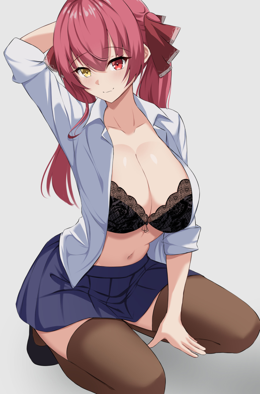 1girl arm_up black_bra bra breasts cleavage collarbone highres hololive houshou_marine houshou_marine_(school_uniform) kneeling large_breasts lingerie looking_at_viewer multicolored_eyes navel official_alternate_costume open_clothes open_shirt red_hair school_uniform stomach thighhighs underwear virtual_youtuber zeropen