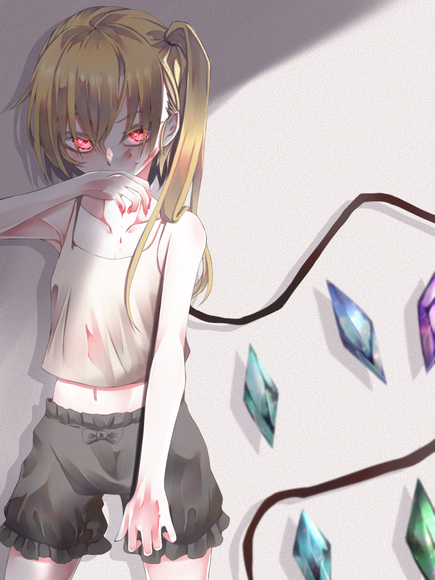 1girl alternate_costume bare_arms bare_shoulders black_bloomers blonde_hair blood blood_on_face blood_on_hands bloomers blush camisole collarbone covered_mouth covering_mouth cowboy_shot crop_top crystal eyes_visible_through_hair flandre_scarlet frills glowing glowing_eyes grey_background grey_camisole hair_between_eyes hand_over_own_mouth hand_up highres long_hair midriff navel no_headwear nose_blush raised_eyebrow red_eyes side_ponytail sleeveless solo spaghetti_strap standing touhou tsune_(tune) wings