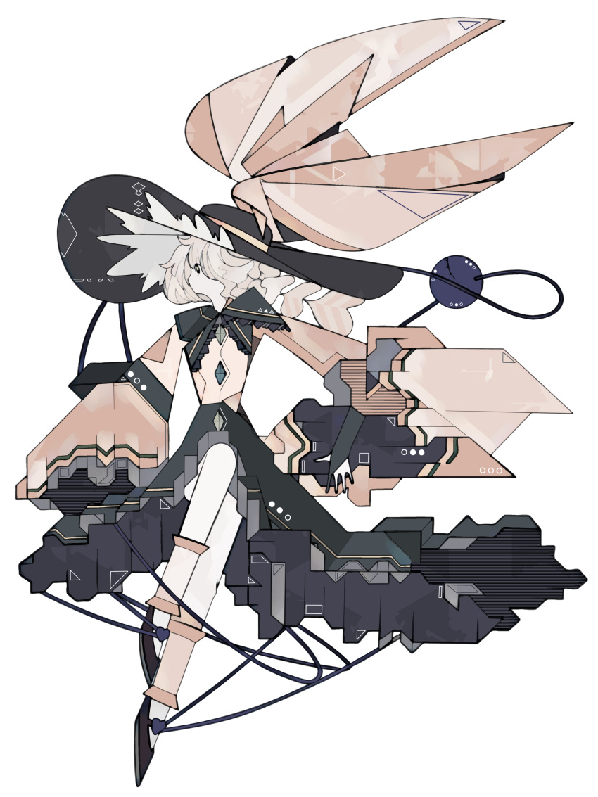 1girl absurdres adapted_costume black_bow black_bowtie black_footwear black_headwear black_skirt bow bowtie commentary_request frilled_bow frills full_body harano_kaguyama hat hat_bow heart highres komeiji_koishi long_sleeves looking_away looking_to_the_side medium_hair orange_bow orange_shirt profile shirt shoes simple_background sitting skirt solo third_eye touhou white_background wide_sleeves