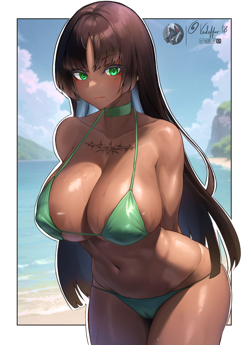 1girl absurdres arms_behind_back ass beach bikini black_hair blue_sky blunt_ends blush border breasts cleavage closed_mouth cloud collarbone commission covered_nipples curvy dark-skinned_female dark_skin day english_commentary felicia_castro green_bikini green_eyes highres long_hair mole mole_under_mouth navel ocean original outdoors pixiv_commission signature sky solo standing stomach swimsuit taut_clothes taut_swimsuit very_long_hair vodeferr wet white_border
