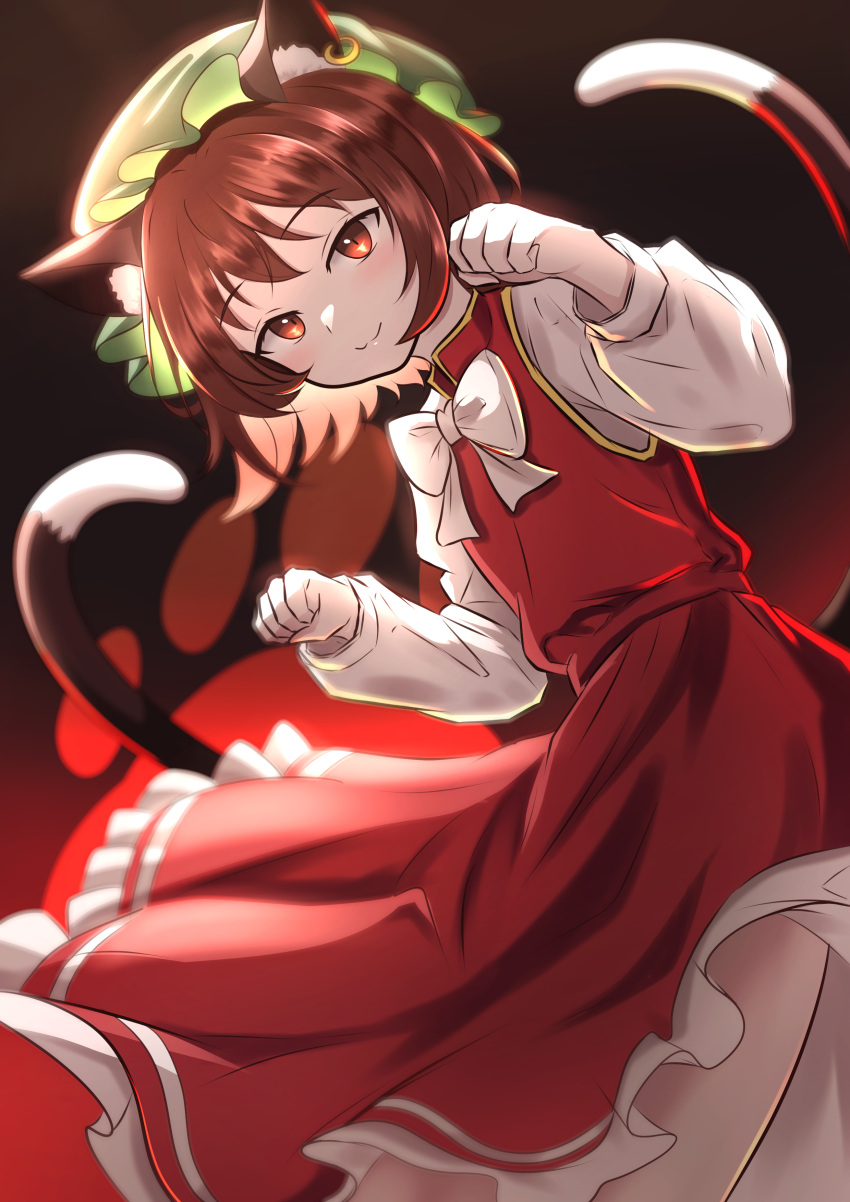 1girl absurdres animal_ear_piercing animal_ears bow bowtie brown_eyes brown_hair cat_ears cat_girl cat_tail chen gradient_background green_headwear hat highres long_sleeves looking_at_viewer mob_cap multiple_tails paw_pose red_skirt red_vest rinkaito1231 shirt skirt solo tail touhou two_tails vest white_bow white_bowtie white_shirt