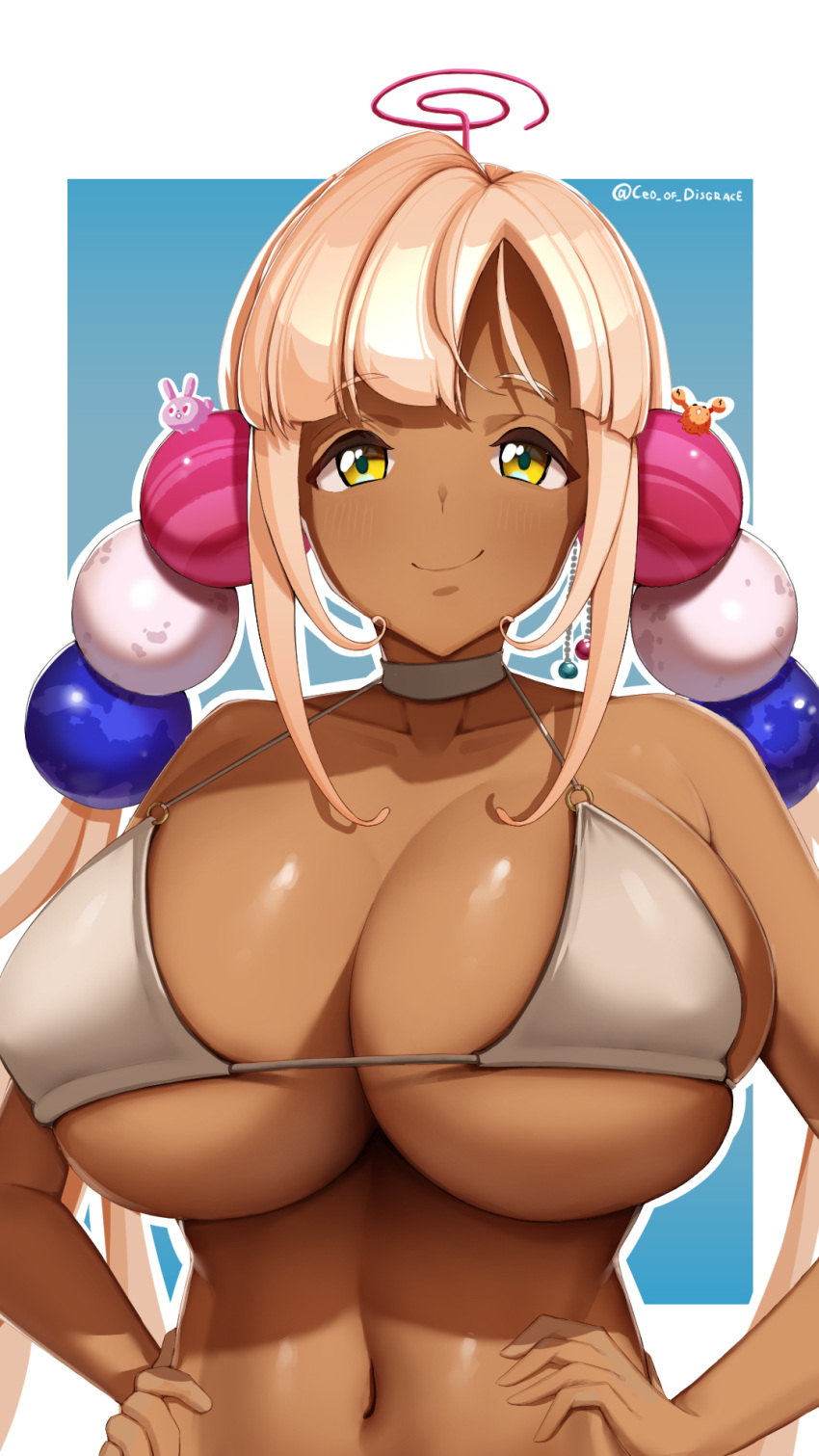 1girl bikini breasts ceo_of_disgrace crab hair_ornament highres hololive hololive_english large_breasts light_brown_hair light_smile long_hair looking_at_viewer navel planet rabbit signature smile swimsuit tsukumo_sana yellow_eyes