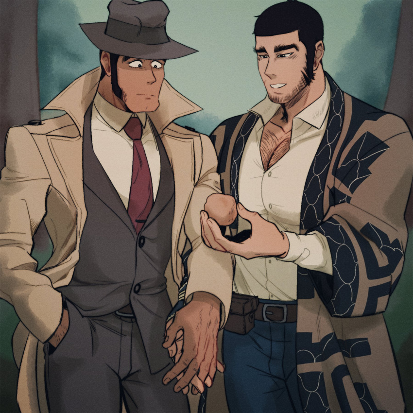 2boys ainu_clothes bara beard black_hair buzz_cut chest_hair_peek coat couple crossover dark-skinned_male dark_skin double_chin facial_hair fedora feet_out_of_frame food goatee_stubble golden_kamuy hairy hat highres holding holding_food holding_hands interlocked_fingers kon_likes_corn large_hands large_pectorals long_sideburns lupin_iii male_focus mature_male multiple_boys muscular muscular_male partially_unbuttoned pectoral_cleavage pectorals potato raised_eyebrows short_hair sideburns standing tanigaki_genjirou thick_eyebrows very_short_hair yaoi zenigata_kouichi