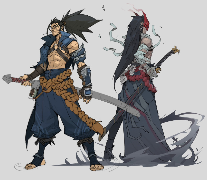 2boys abs bandaged_arm bandaged_hand bandages beard black_hair brothers closed_mouth facial_hair full_body grey_background hicham_habchi highres holding holding_sword holding_weapon league_of_legends long_hair looking_at_another male_focus mask multiple_boys muscular muscular_male ponytail siblings simple_background standing sword toeless_legwear toenails toes weapon yasuo_(league_of_legends) yone_(league_of_legends)