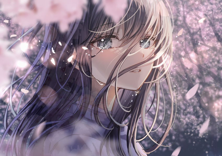 1girl blurry cherry_blossoms close-up crying depth_of_field falling_petals grey_eyes hair_between_eyes highres long_hair looking_at_viewer original parted_lips petals portrait sakura_(39ra) solo tears