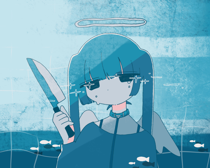 1girl air_bubble black_eyes blue_hair blue_shirt bubble collar dot_mouth fish halo hand_up highres holding holding_knife jitome kitchen_knife knife leash long_hair long_sleeves no_pupils original shirt sidelocks solo sskitaco tile_wall tiles twintails underwater upper_body white_wings wings