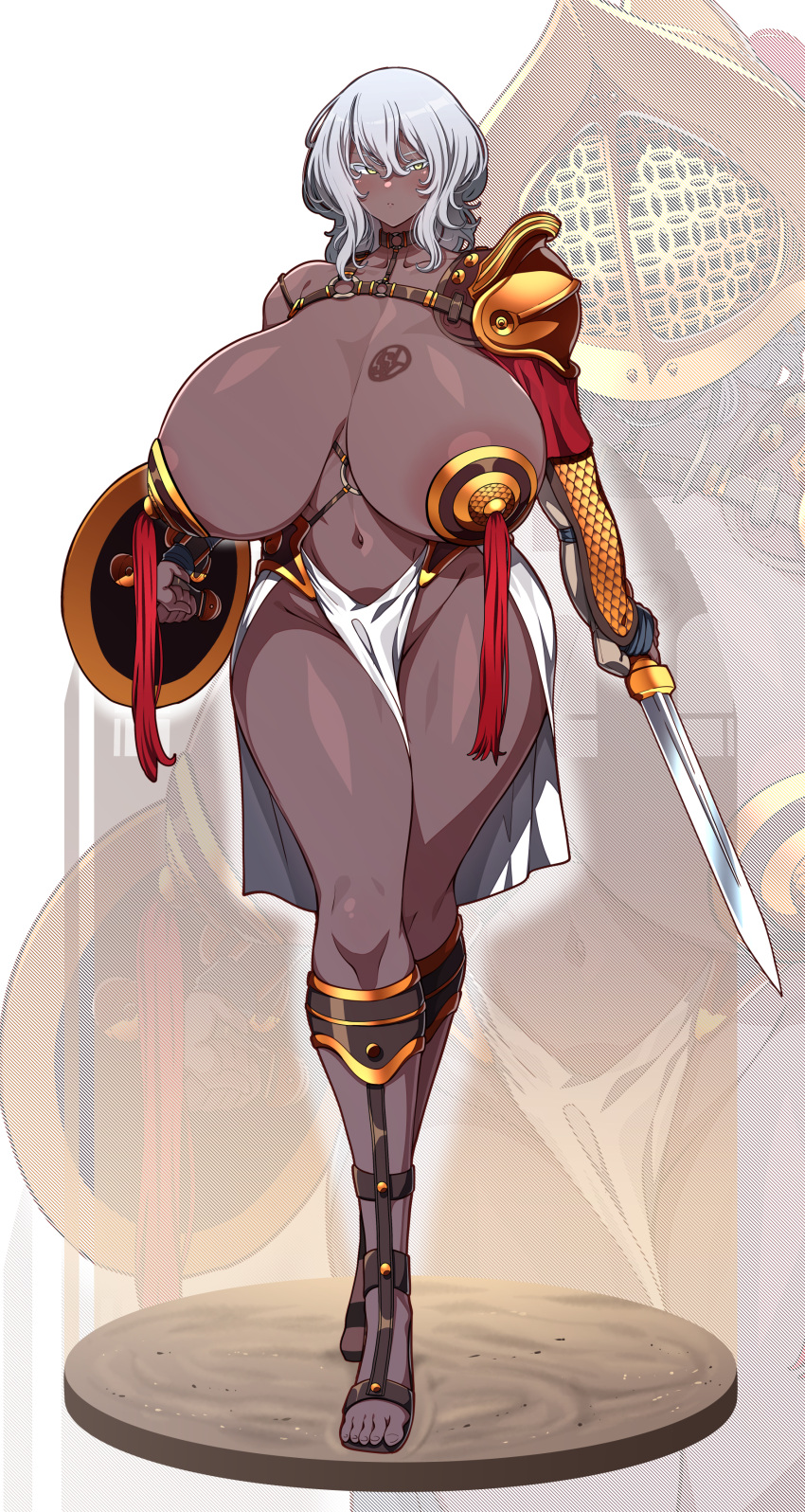 1girl absurdres arm_armor armor asymmetrical_armor branded breasts dark-skinned_female dark_skin full_body gladiator gladius grey_hair hair_between_eyes helmet highres holding holding_shield holding_sword holding_weapon huge_breasts konoshige_(ryuun) medium_hair navel original pauldrons pelvic_curtain sandals shield shoulder_armor single_pauldron sword weapon yellow_eyes zoom_layer