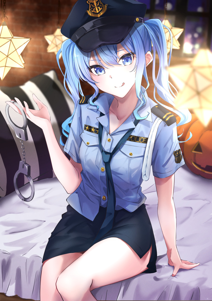 1girl absurdres black_headwear black_skirt blue_eyes blue_hair blue_necktie blue_shirt breasts collared_shirt cuffs halloween handcuffs hat highres holding holding_handcuffs hololive hoshimachi_suisei jack-o'-lantern looking_at_viewer necktie police police_hat police_uniform shirt skirt small_breasts smile solo star_(symbol) star_in_eye symbol_in_eye tilu tongue tongue_out twintails uniform virtual_youtuber