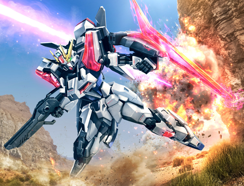 3d beam_rifle build_strike_galaxy_cosmos character_request dust energy energy_beam energy_gun explosion flying grass gundam gundam_build_fighters hiropon_(tasogare_no_puu) mecha mecha_focus mobile_suit no_humans photo_background realistic robot science_fiction shield strike_gundam_e weapon