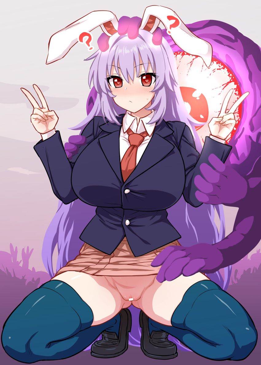 1girl ? ?? absurdres animal_ears black_hair black_jacket blazer blue_thighhighs breasts clothes_lift collared_shirt double_v hand_on_another's_head highres huge_breasts itou_yuuji jacket loafers long_hair monster necktie no_panties purple_hair pussy rabbit_ears red_eyes red_necktie red_skirt reisen_udongein_inaba shirt shoes skirt skirt_lift squatting thighhighs touhou v white_shirt