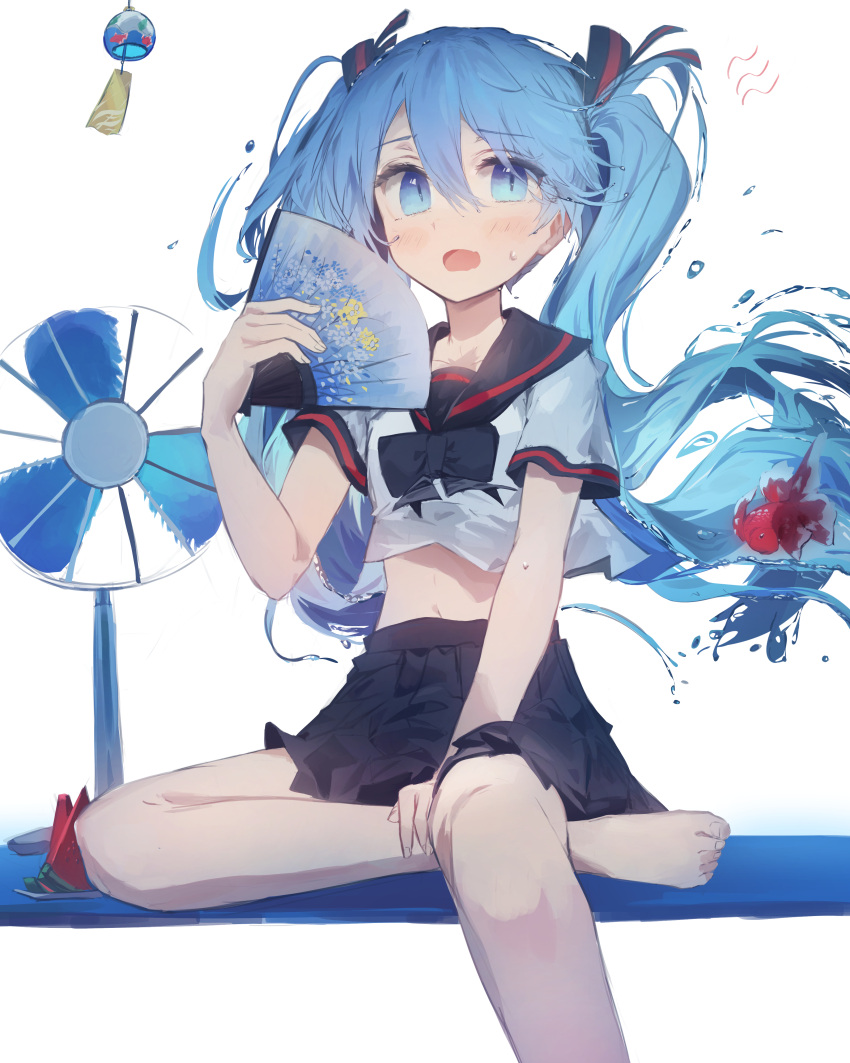 1girl absurdres black_bow black_bowtie black_sailor_collar black_skirt blue_eyes blue_hair blush bottle_miku bow bowtie collarbone crop_top cropped_shirt electric_fan fang fanning_self fish food foot_out_of_frame fruit goldfish hair_between_eyes hair_ribbon hand_fan hand_on_own_ankle hatsune_miku highres holding holding_fan liquid_hair long_hair looking_at_viewer mihoranran miniskirt navel open_mouth original pleated_skirt rectangular_mouth ribbon sailor_collar school_uniform serafuku shirt short_sleeves sidelocks simple_background sitting skin_fang skirt slit_pupils solo stomach submerged sweat thighs twintails underwater vocaloid watermelon watermelon_slice white_background white_shirt wind_chime