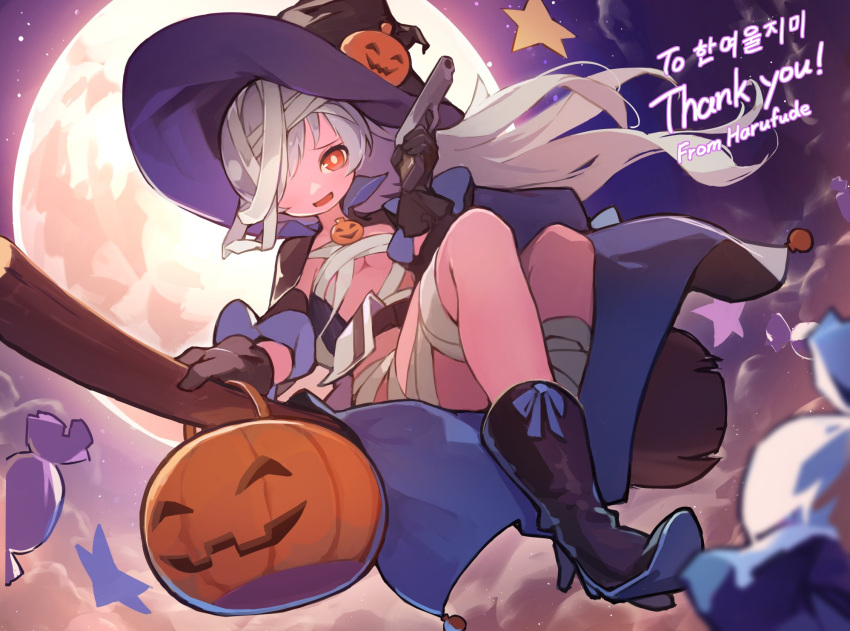 1girl :d bandages black_cape black_footwear black_gloves black_headwear black_sleeves boots breasts broom broom_riding cape character_request check_character commentary_request detached_sleeves floating_hair full_moon girls'_frontline gloves grey_hair gun hair_over_one_eye handgun hat high_heel_boots high_heels highres holding holding_gun holding_weapon korean_text long_hair long_sleeves medium_breasts moon name_connection object_namesake orange_eyes shoe_soles sitting smile solo suginakara_(user_ehfp8355) tokarev_(girls'_frontline) tokarev_(thief_of_sweetness)_(girls'_frontline) tokarev_tt-33 underboob very_long_hair weapon witch_hat