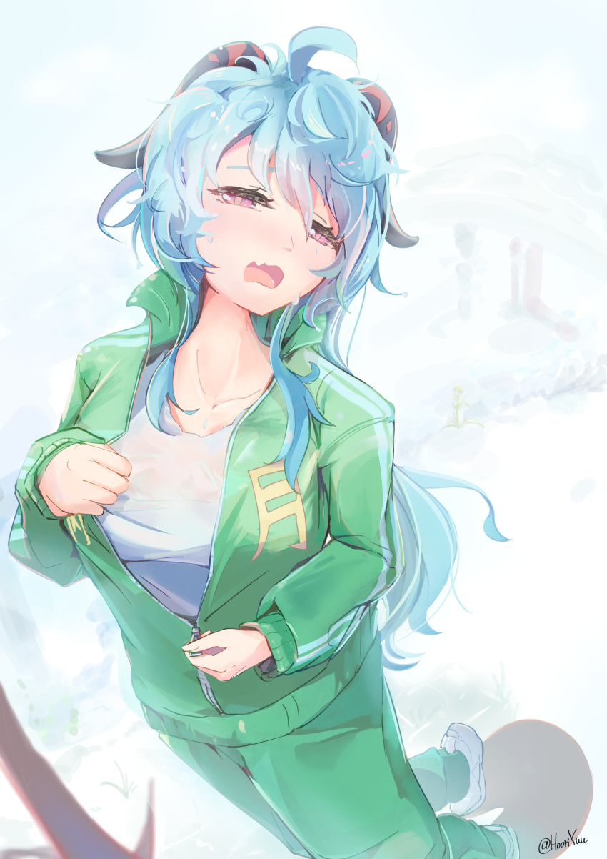 1girl absurdres ahoge alternate_costume blue_hair breasts china_tracksuit collarbone facing_up full_body ganyu_(genshin_impact) genshin_impact goat_horns green_jacket green_pants green_track_suit hair_between_eyes half-closed_eyes highres hooriyuu horns jacket long_hair looking_at_viewer medium_breasts meme_attire open_mouth pants partially_unzipped purple_eyes shadow shirt sidelocks solo sweat sweaty_clothes track_jacket track_pants twitter_username unzipping white_background white_footwear white_shirt