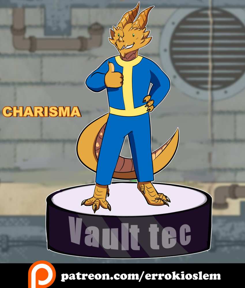 bethesda_softworks chibi claws dragon errokioslem fallout fallout3 fallout4 furry furyartist hi_res horn male scales solo vault_suit