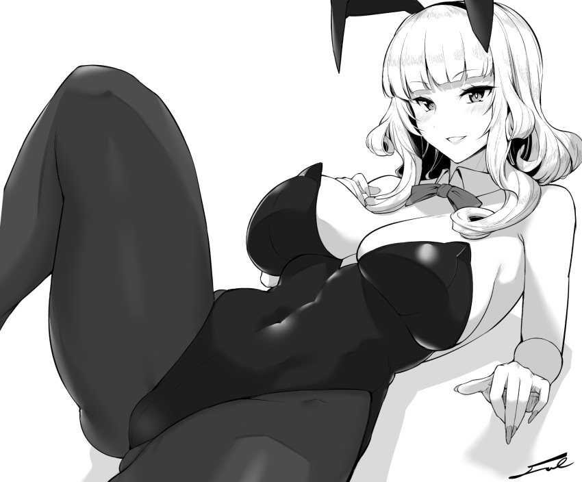 1girl animal_ears bare_shoulders blunt_bangs blush bow bowtie breasts carmilla_(fate) cleavage covered_navel detached_collar fake_animal_ears fate/grand_order fate_(series) fue_(rhomphair) greyscale grin highleg highleg_leotard highres large_breasts leotard long_hair looking_at_viewer monochrome pantyhose playboy_bunny rabbit_ears smile solo thighs wrist_cuffs
