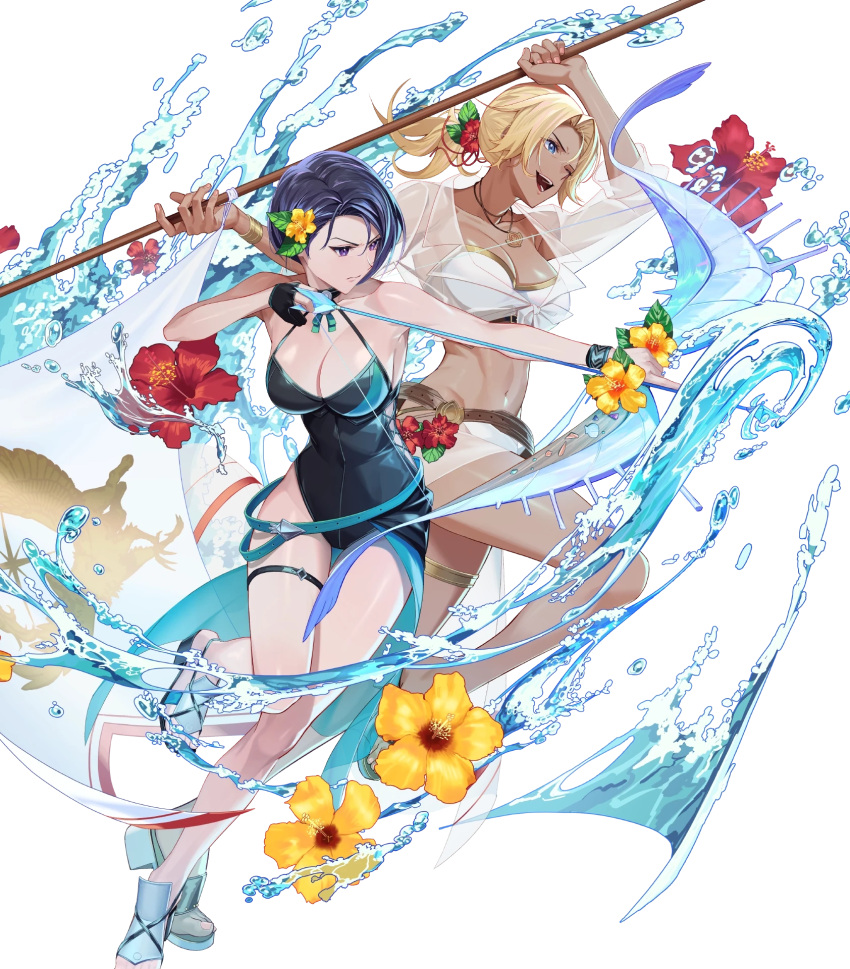 2girls bare_shoulders belt bikini blonde_hair blue_eyes breasts catherine_(fire_emblem) dark-skinned_female dark_skin feet fire_emblem fire_emblem:_three_houses fire_emblem_heroes flower hair_flower hair_ornament highres kainown legs medium_breasts medium_hair multiple_girls navel non-web_source official_art one-piece_swimsuit purple_eyes sandals see-through shamir_nevrand short_hair stomach swimsuit thigh_strap thighs toeless_footwear toenails toes transparent_background